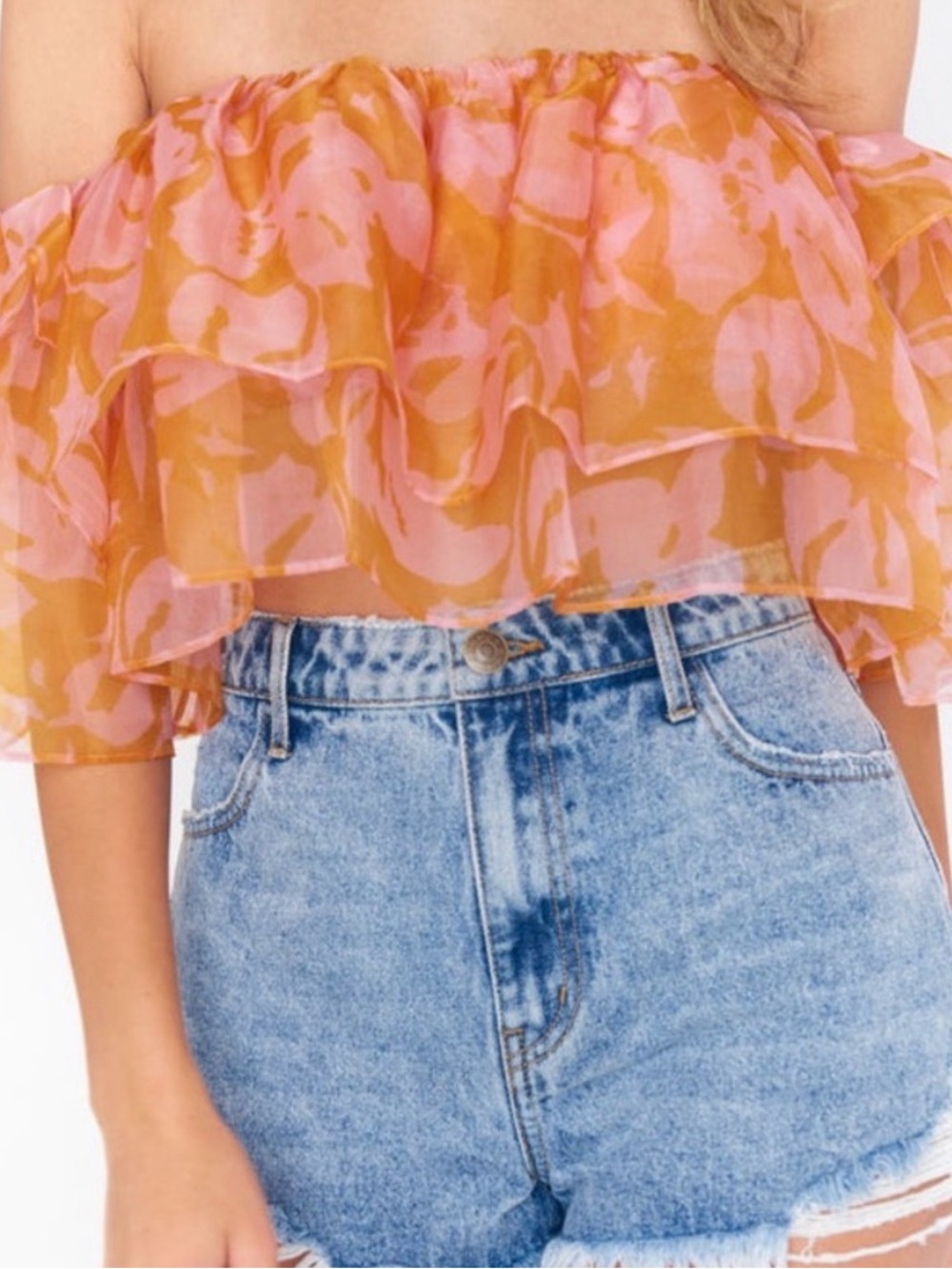 Show Me Your MuMu Pink & Orange Off-Shoulder Ruffle Crop Top